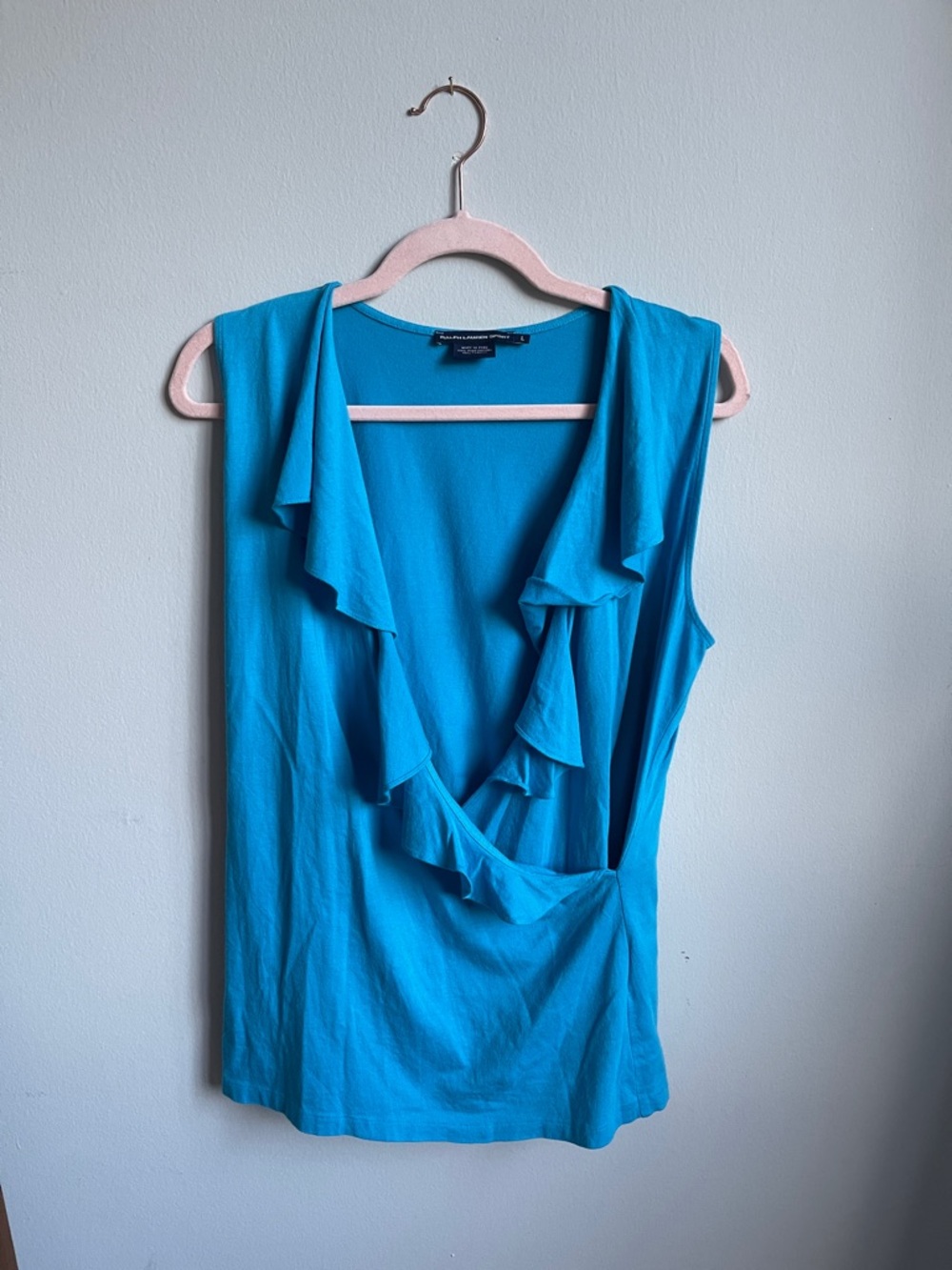 Whimsical Ralph Lauren Sport Women’s Sleeveless Teal Ruffle V-Neck Top